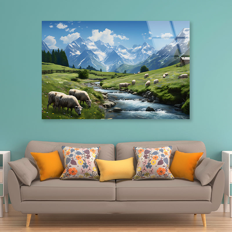 Herd of Sheep Grazing On a Grassy Hill Acrylic Glass Print Tempered Glass Wall Art 100% Made in Australia Ready to Hang