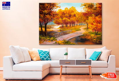 Autumn Forest With A River & Bridge Over The River Painting Wall Art Limited Edition High Quality Print