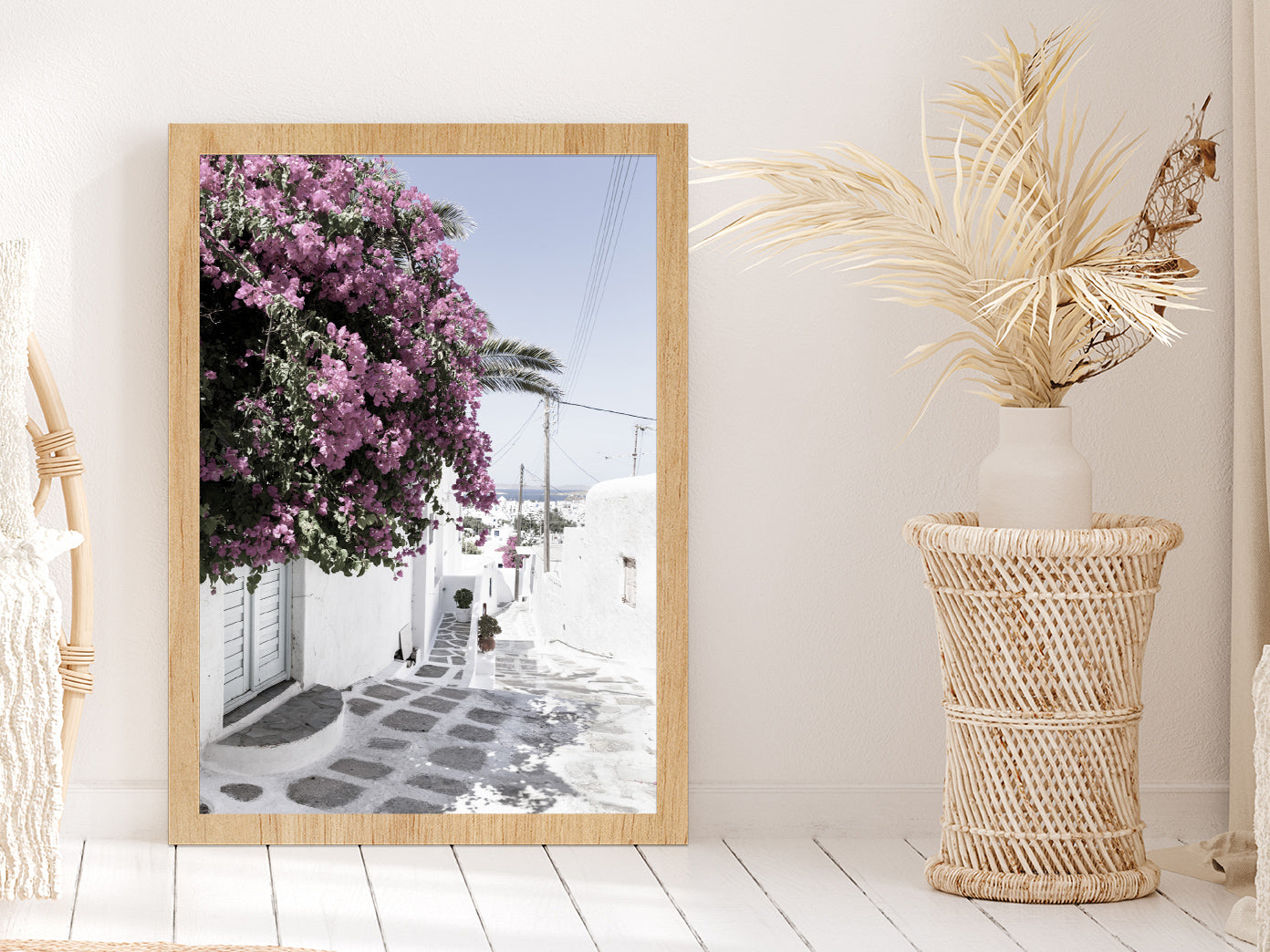 House near Flower Trees Street Photograph Glass Framed Wall Art, Ready to Hang Quality Print Without White Border Oak