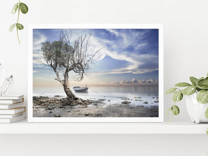 Dead Tree near Sea & Boat View Photograph Glass Framed Wall Art, Ready to Hang Quality Print Without White Border White