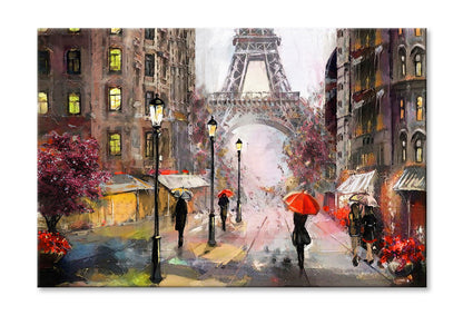 Eiffel Tower & People Under Red Umbrella Oil Painting Wall Art Limited Edition High Quality Print Stretched Canvas None