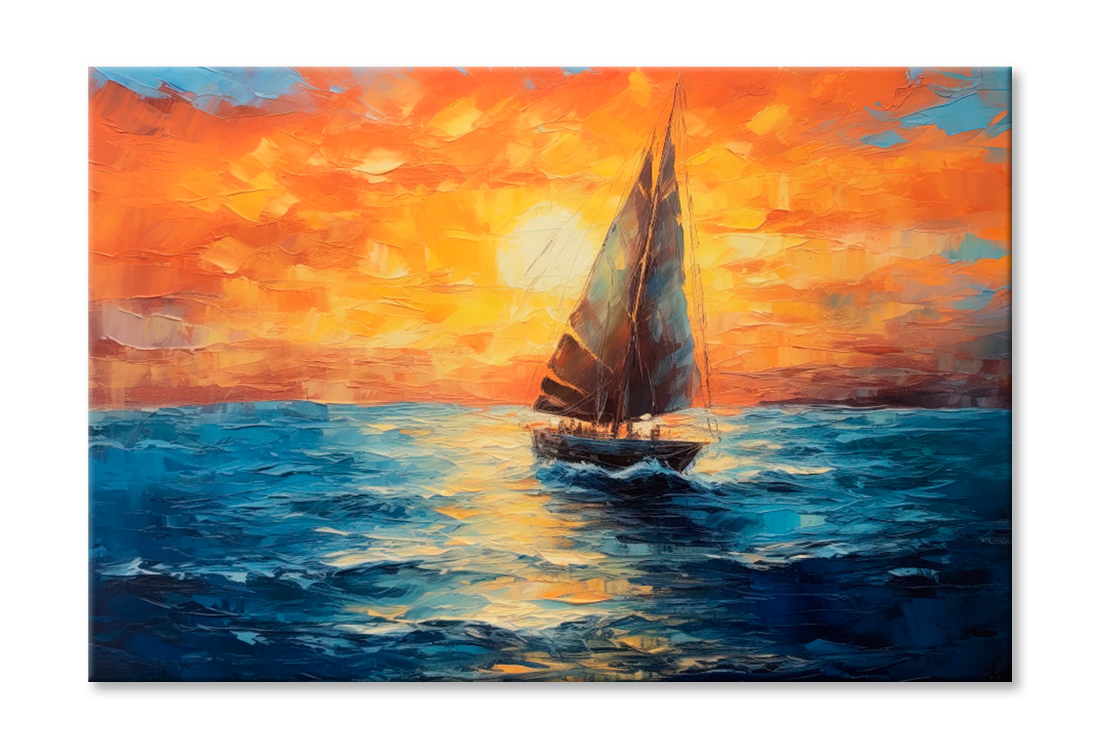 Sailboat Boat at Sunset On The Ocean Oil Painting Wall Art Limited Edition High Quality Print Stretched Canvas None