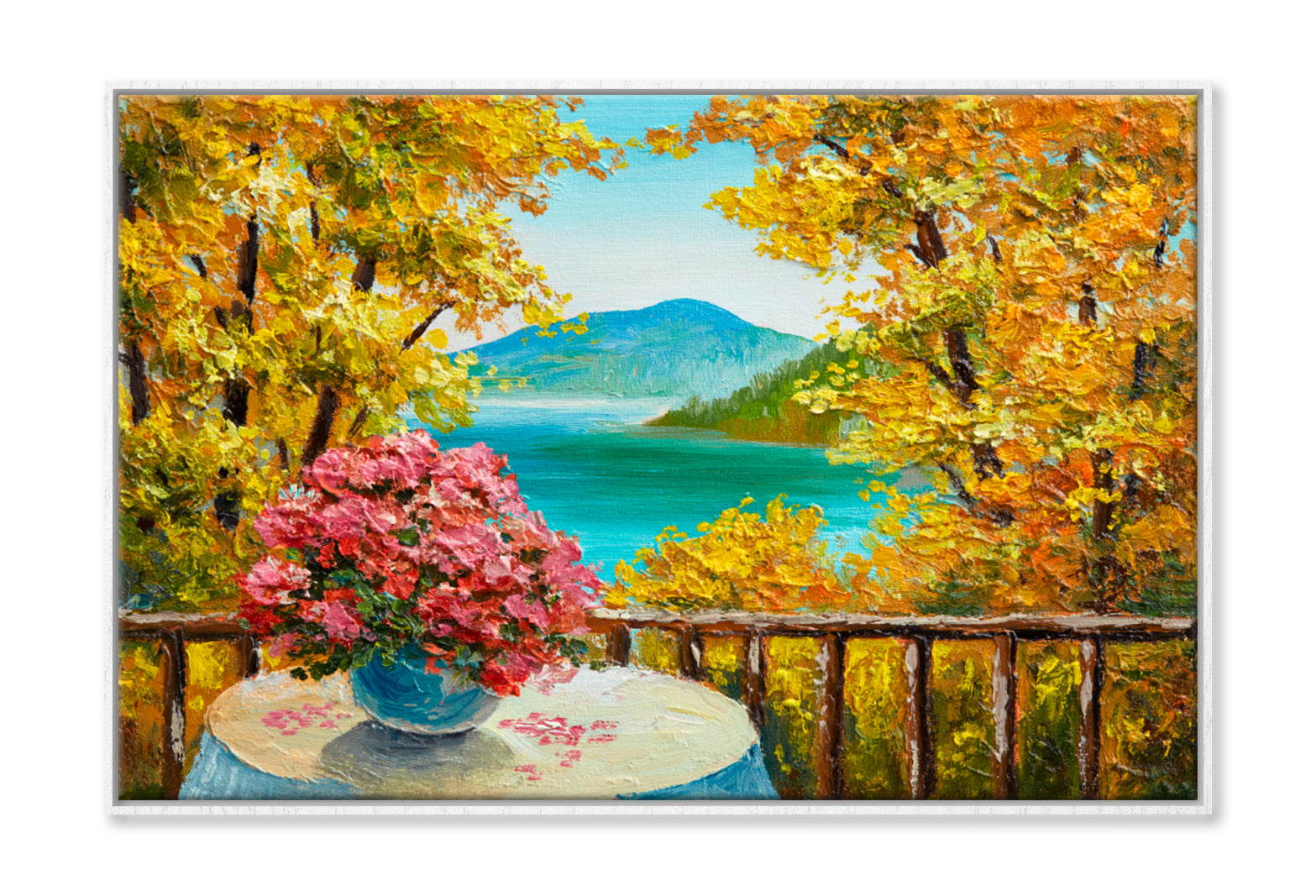 Colorful Autumn Forest, Mountain Lake Oil Painting Limited Edition High Quality Print Canvas Box Framed White