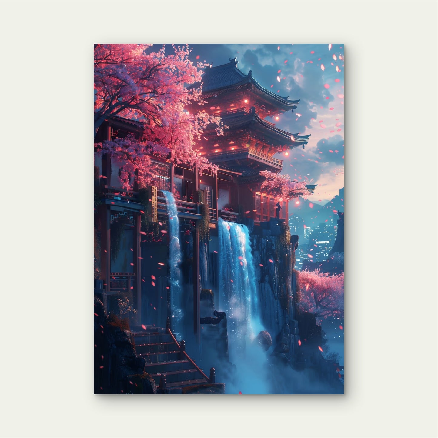 Japanese Pagoda Waterfall Night 60x90cm Metal Print Ready to Hang
