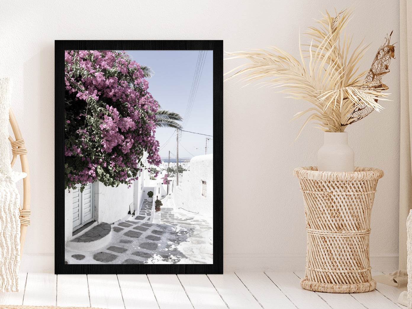 House near Flower Trees Street Photograph Glass Framed Wall Art, Ready to Hang Quality Print Without White Border Black