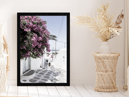 House near Flower Trees Street Photograph Glass Framed Wall Art, Ready to Hang Quality Print Without White Border Black