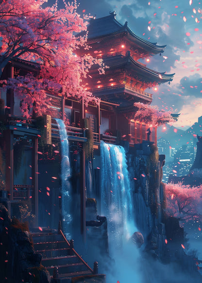 Japanese Pagoda Waterfall Night 60x90cm Metal Print Ready to Hang