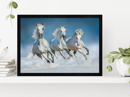 Horses Run Gallop In Snow Winter Glass Framed Wall Art, Ready to Hang Quality Print Without White Border Black