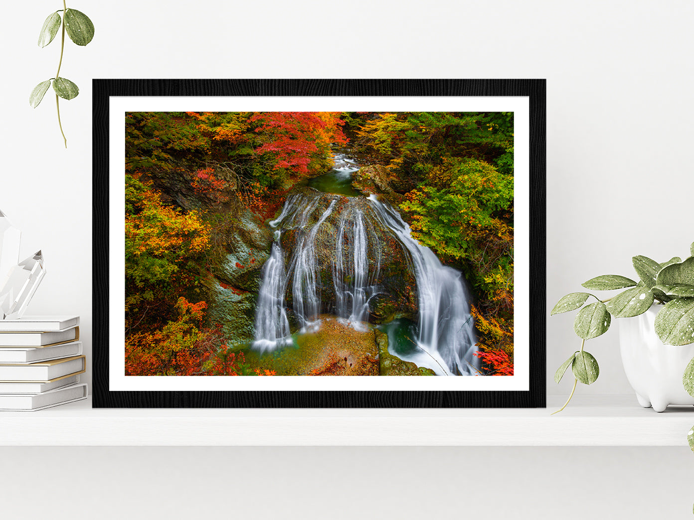 Waterfall Among Foliage Autumn Glass Framed Wall Art, Ready to Hang Quality Print With White Border Black