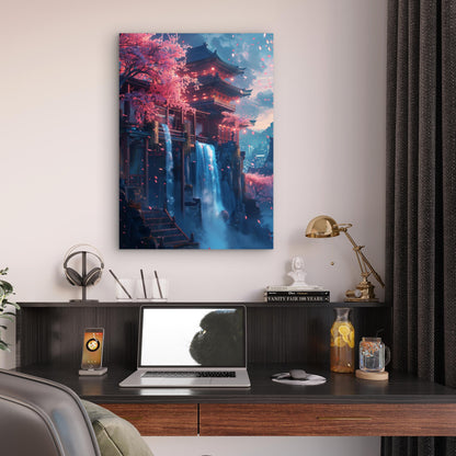 Japanese Pagoda Waterfall Night 60x90cm Metal Print Ready to Hang