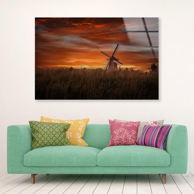 Old Windmills in Kinder Dijk at Dramatic Sunset, Netherland Acrylic Glass Print Tempered Glass Wall Art 100% Made in Australia Ready to Hang