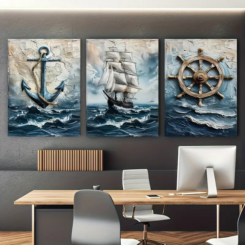 3pcs Large-Scale Sailboat & Anchor Nautical Metal Print Ready to Hang Art