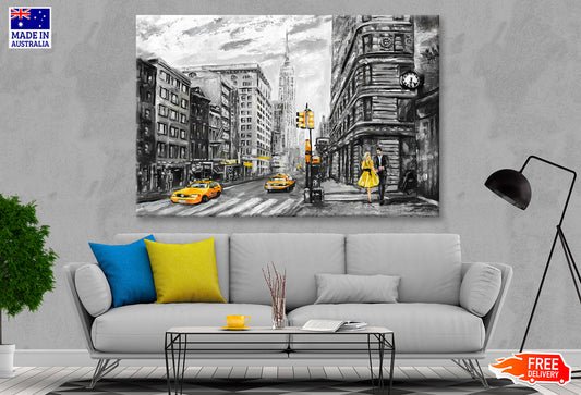 Street View of New York Yellow Taxi & Couple B&W Painting Wall Art Limited Edition High Quality Print