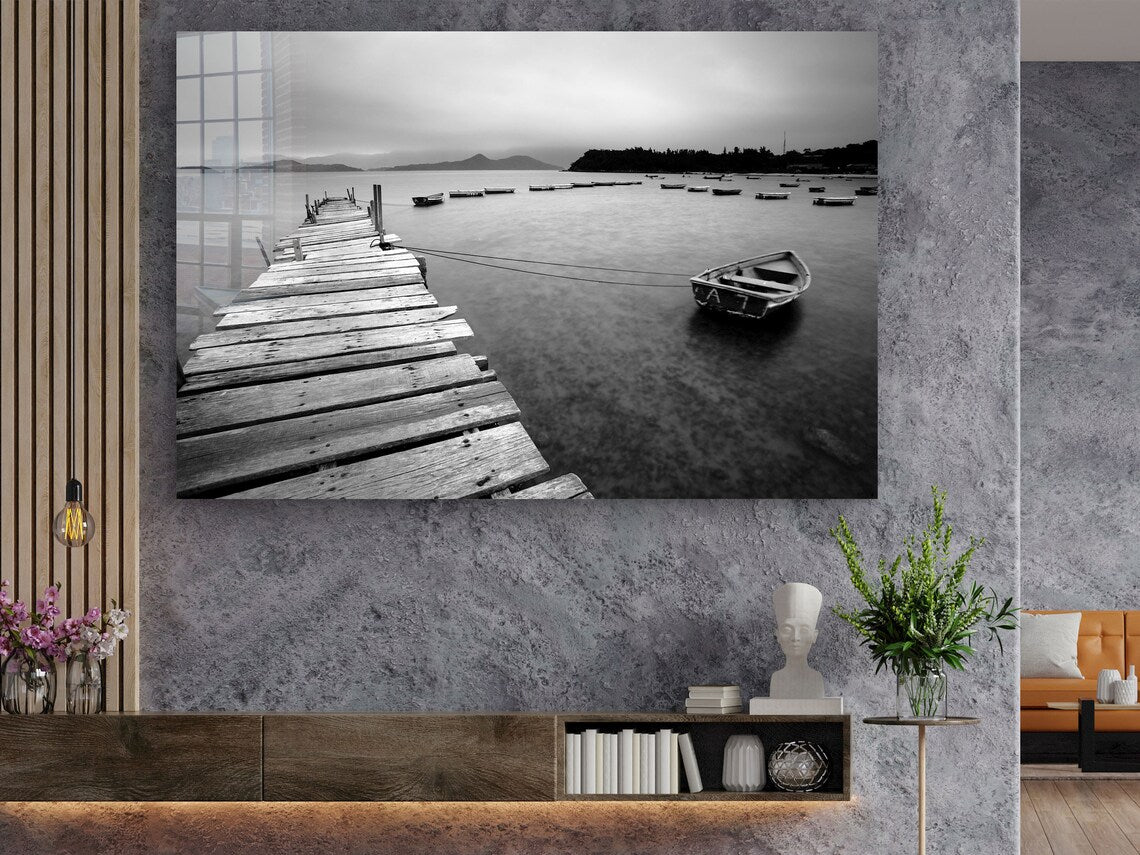 Wooden Pier & Boat B&W UV Direct Aluminum Print Australian Made Quality