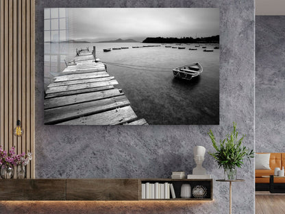 Wooden Pier & Boat B&W UV Direct Aluminum Print Australian Made Quality