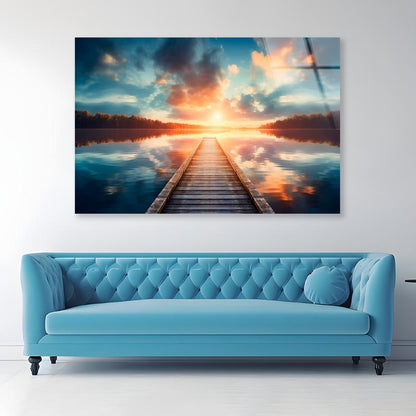 Wooden Pier Over a Calm Lake During Sunrise  Acrylic Glass Print Tempered Glass Wall Art 100% Made in Australia Ready to Hang