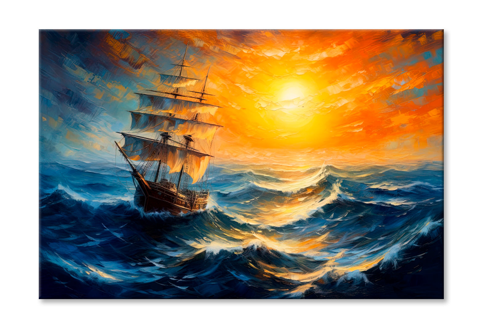 Sailboat Boat at Sunset On The Ocean Oil Painting Wall Art Limited Edition High Quality Print Stretched Canvas None