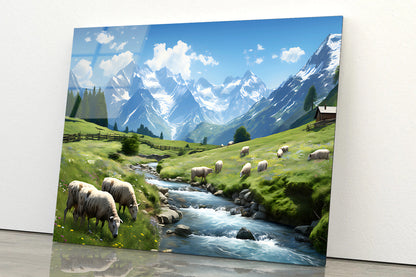 Herd of Sheep Grazing On a Grassy Hill Acrylic Glass Print Tempered Glass Wall Art 100% Made in Australia Ready to Hang