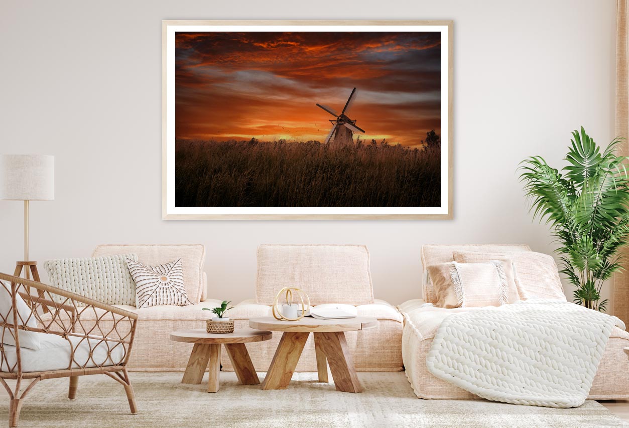 Old Windmills in Kinder Dijk at Dramatic Sunset, Netherland Home Decor Premium Quality Poster Print Choose Your Sizes