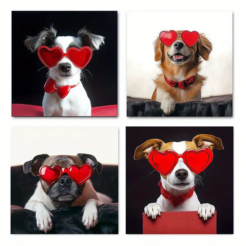 4pcs Funny Animals Handsome Dog Wall Art Canvas Framed