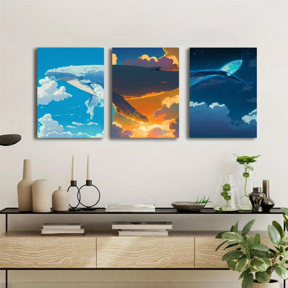 3pcs Flat Humpback Whale Murals with Vibrant Sunset & Fantasy Metal Print Ready to Hang Art