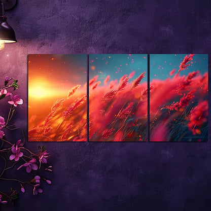 3pcs Crazy Pink Grass Theme Wall Art Set Canvas Framed 60x90cm - High Quality Print 100% Australian Made Wall Canvas Ready to Hang