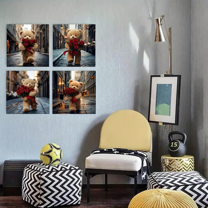 4pcs  Decoration Bear rose hallway tr     Wall Art Canvas Framed