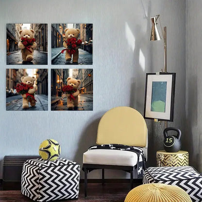 4pcs  Decoration Bear rose hallway tr     Wall Art Canvas Framed
