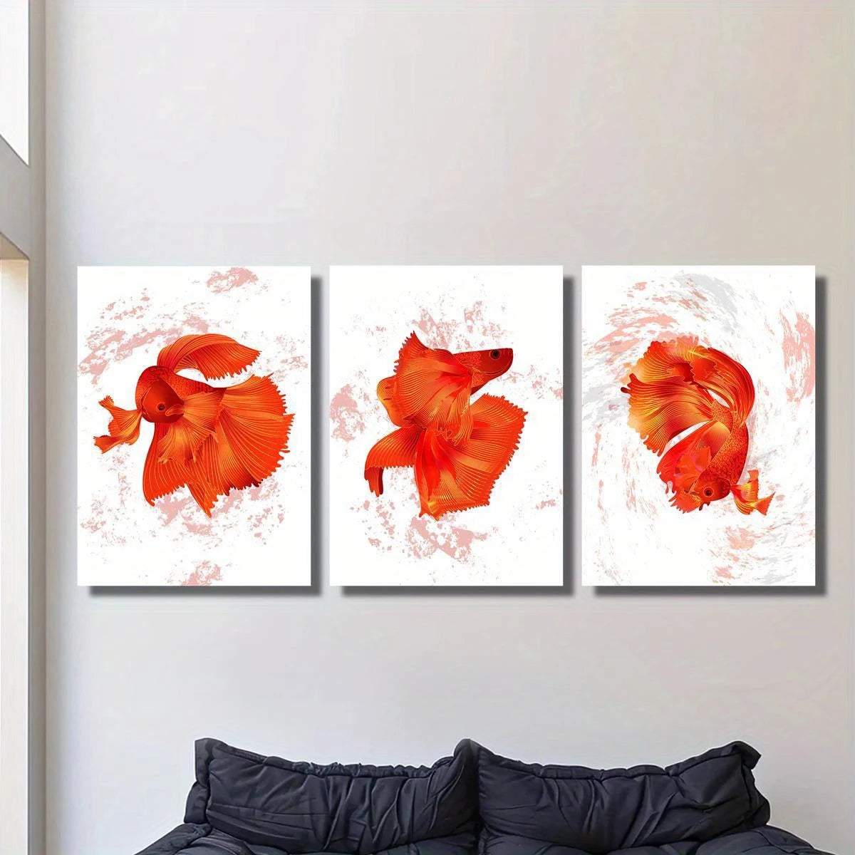 3pcs Vibrant Red Orange Goldfish Classic Design Metal Print Ready to Hang Art
