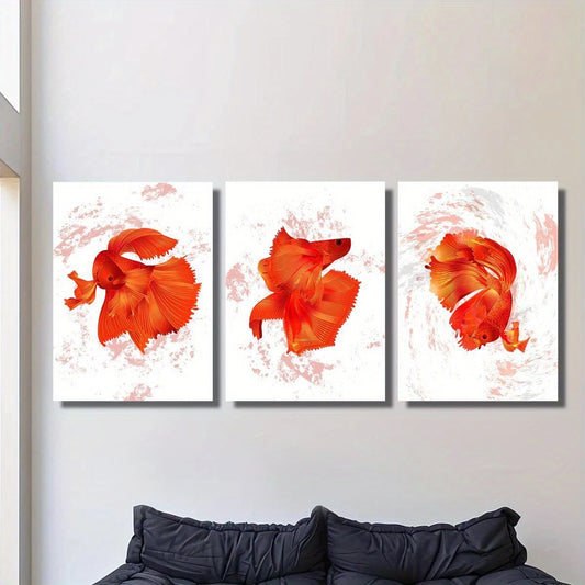 3pcs Vibrant Red Orange Goldfish Classic Design Metal Print Ready to Hang Art