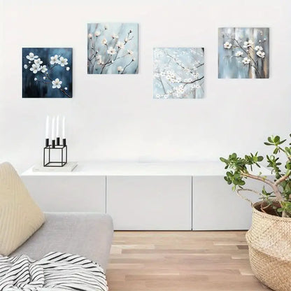4pcs White Flower Elegant Tree And Bird Wall Art Canvas Framed