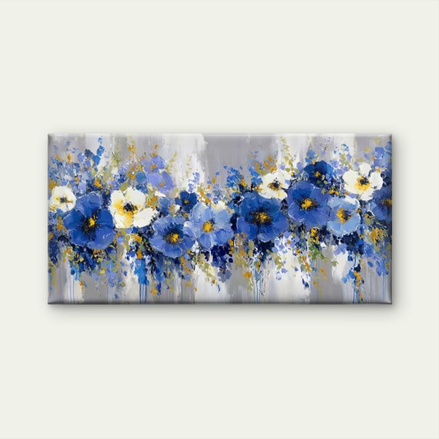 Blue & Golden Abstract Floral Wall Art Canvas Office Home Room Framed 120x60cm