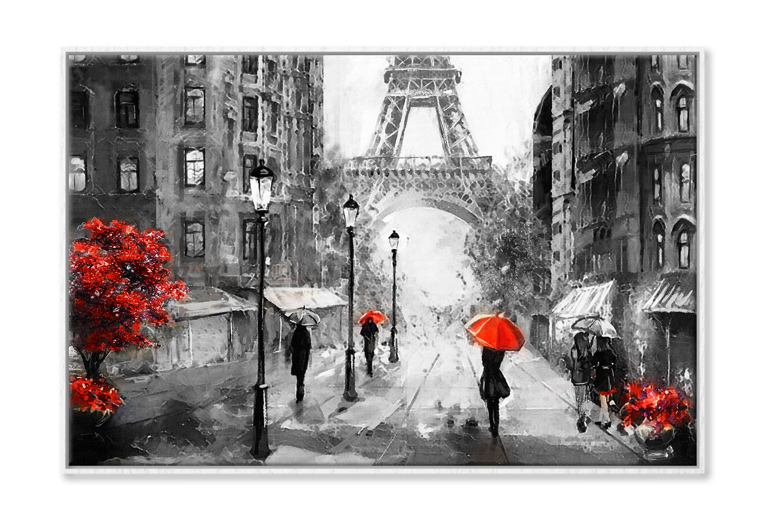 People Under Red Umbrella & Tree near Eiffel Tower B&W Painting Wall Art Limited Edition High Quality Print Canvas Box Framed White