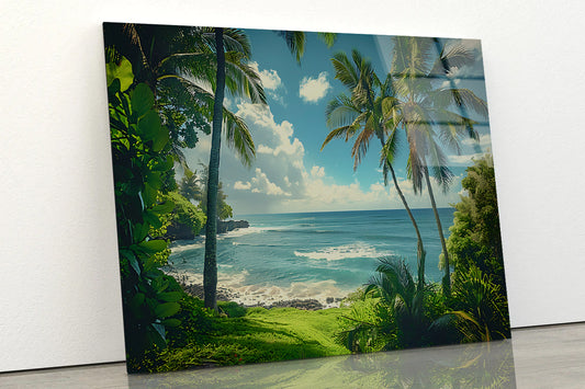 Tropical Beach with Palm Trees under Sky Acrylic Glass Print Tempered Glass Wall Art 100% Made in Australia Ready to Hang