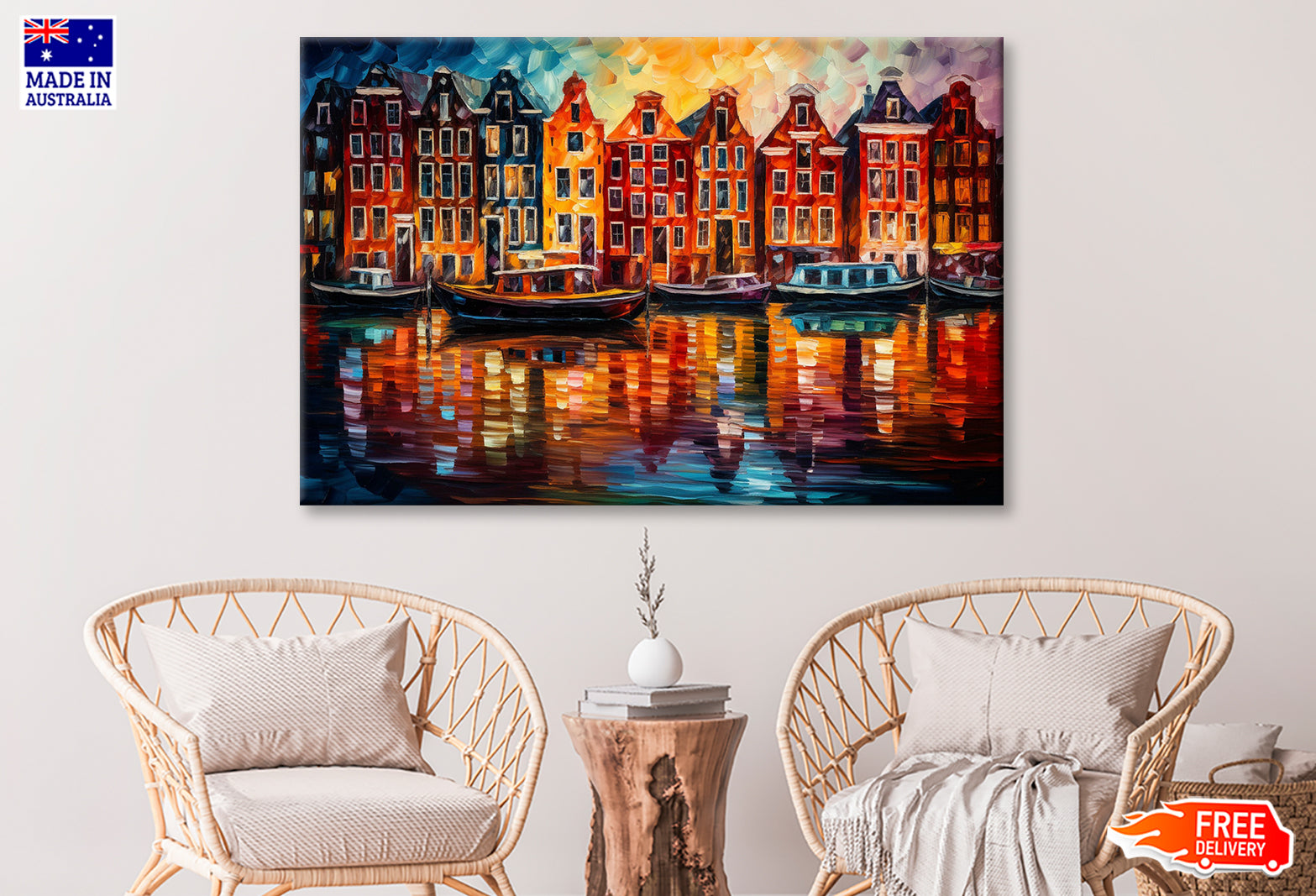 Amsterdam Boats Canals & Houses Oil Painting Wall Art Limited Edition High Quality Print