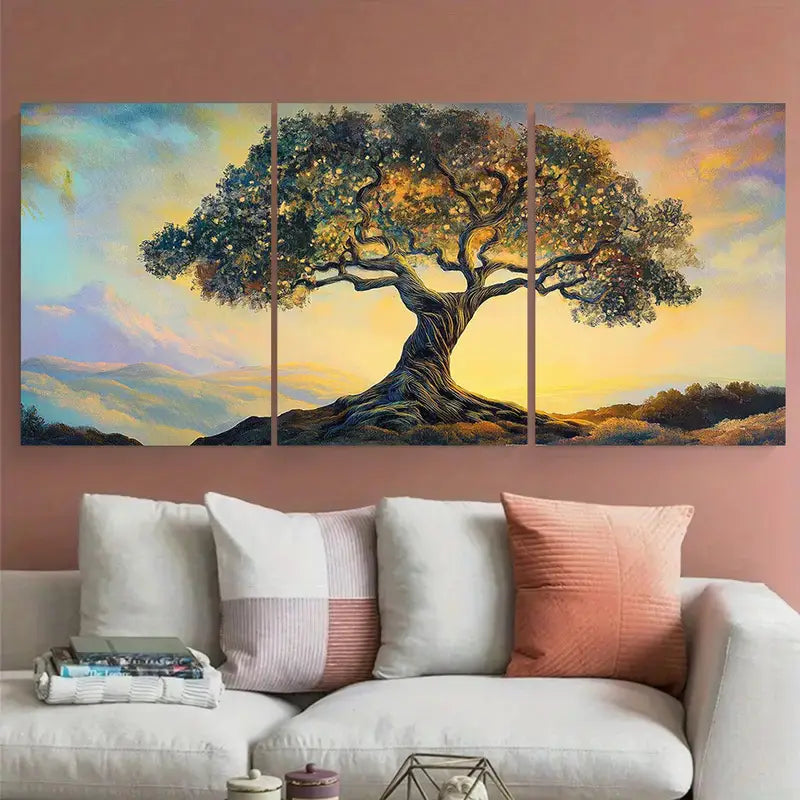 3pcs Vibrant Earth-Toned Nature Tree Metal Print Ready to Hang Art