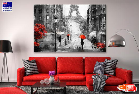 People Under Red Umbrella & Tree near Eiffel Tower B&W Painting Wall Art Limited Edition High Quality Print