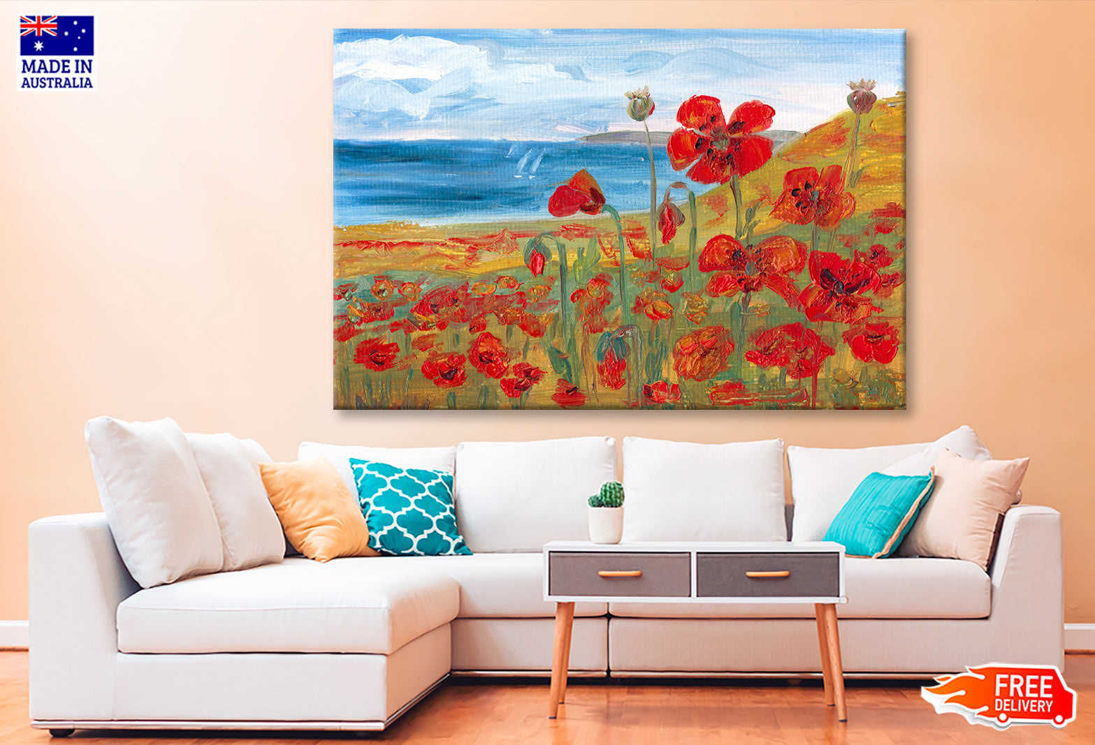 Red Poppies Field near Sea Watercolor Painting Wall Art Limited Edition High Quality Print