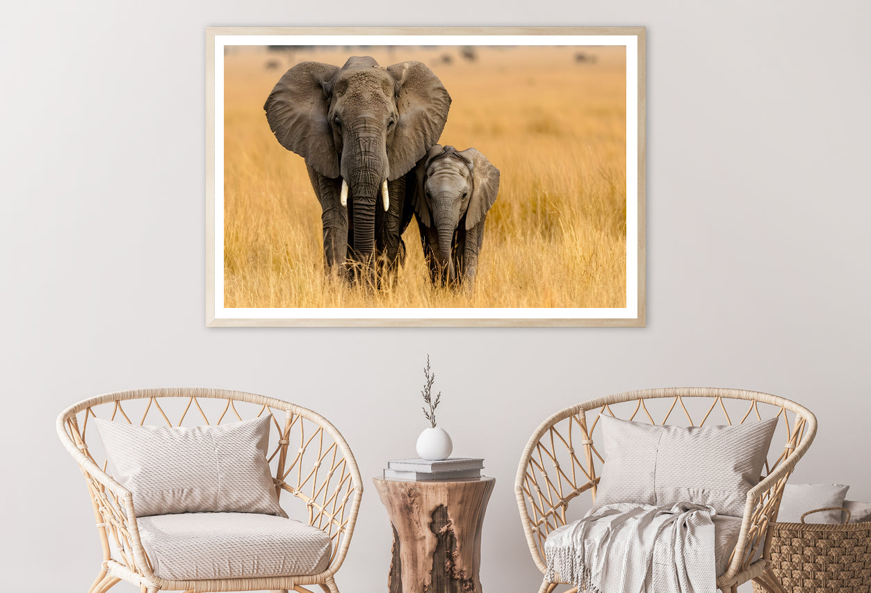 An Elephant and Its Calf Standing In a Grassland Home Decor Premium Quality Poster Print Choose Your Sizes