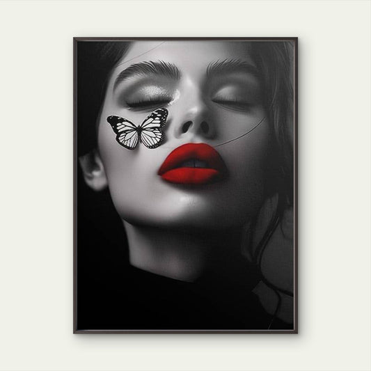 Black and White Woman Face Red Lips Butterfly Fashion Home Decor Premium Quality Poster Print Choose Your Sizes