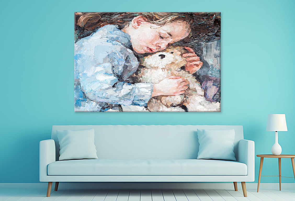 Girl Sleeping with Teddy Bear Wall Art Decor 100% Australian Made