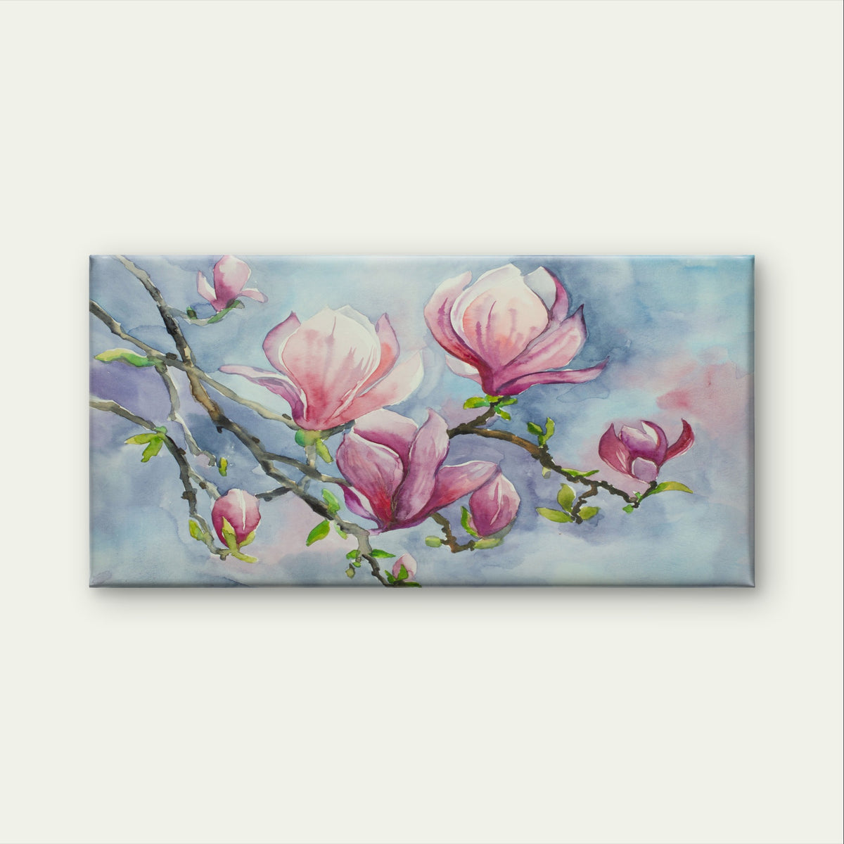 Watercolor Pink Magnolia Flower Branch Painting Wall Art Canvas Office Home Framed 120x60cm
