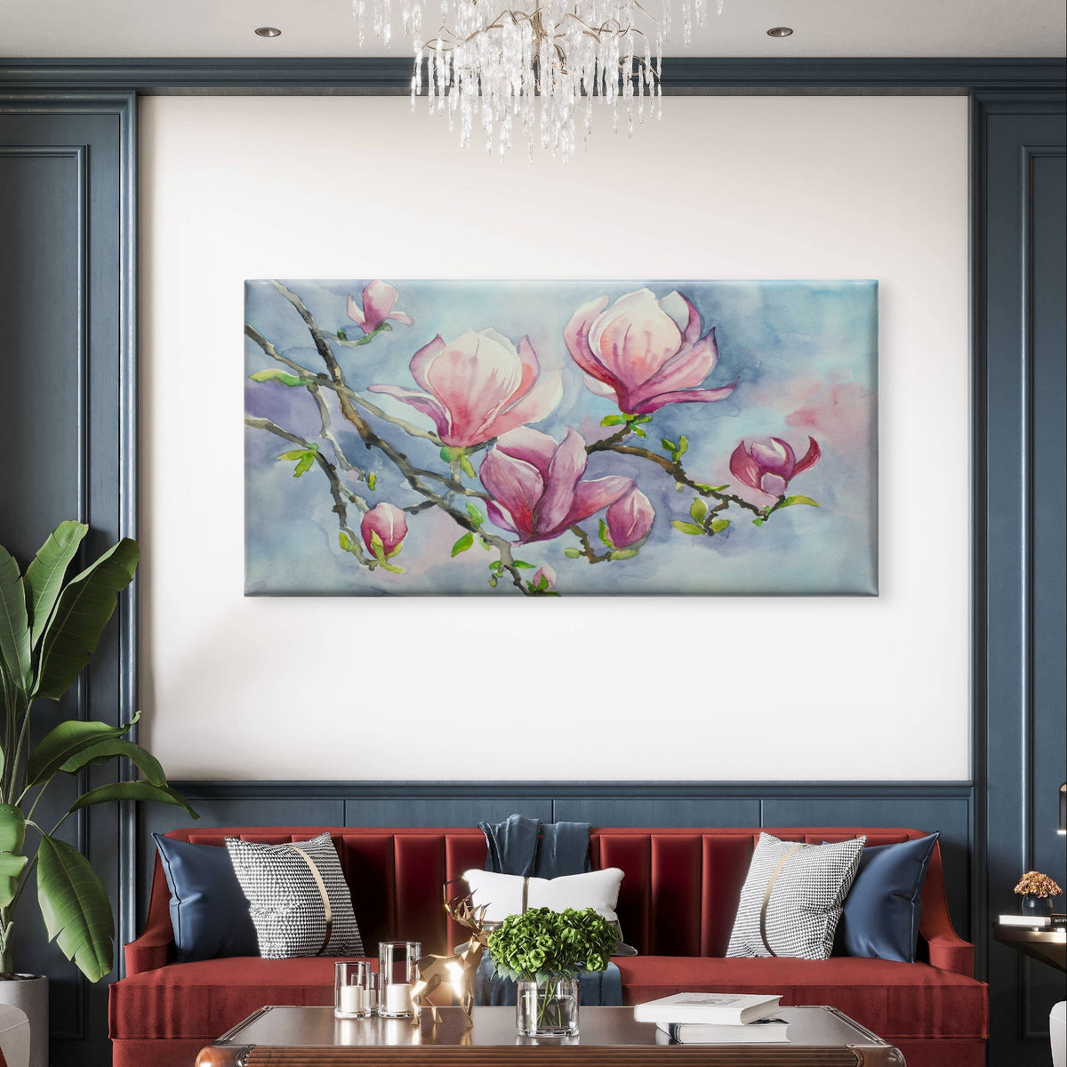 Watercolor Pink Magnolia Flower Branch Painting Wall Art Canvas Office Home Framed 120x60cm