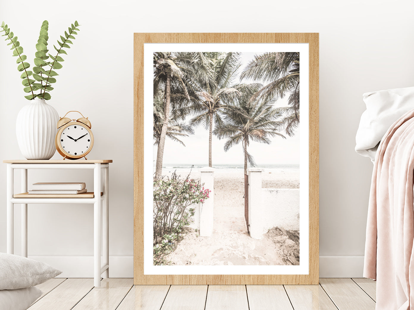 Palm Trees near Gambia Beach Photograph Glass Framed Wall Art, Ready to Hang Quality Print With White Border Oak