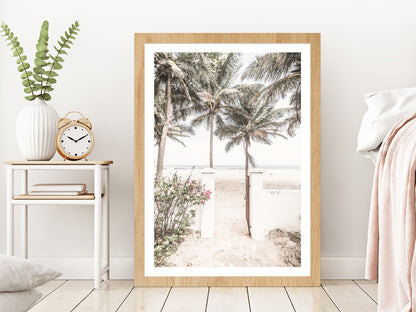 Palm Trees near Gambia Beach Photograph Glass Framed Wall Art, Ready to Hang Quality Print With White Border Oak