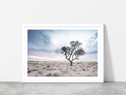 Dead Tree on Landscape & Cloudy Sky Photograph Glass Framed Wall Art, Ready to Hang Quality Print With White Border White