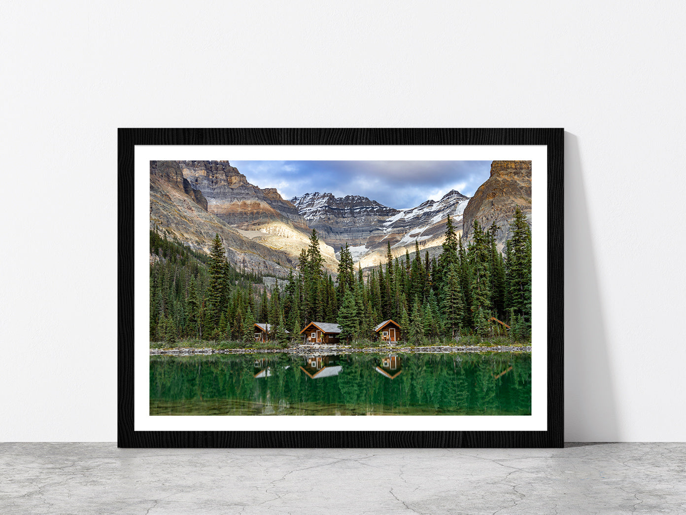 Lake With Mountain Peaks & Cabins Glass Framed Wall Art, Ready to Hang Quality Print With White Border Black