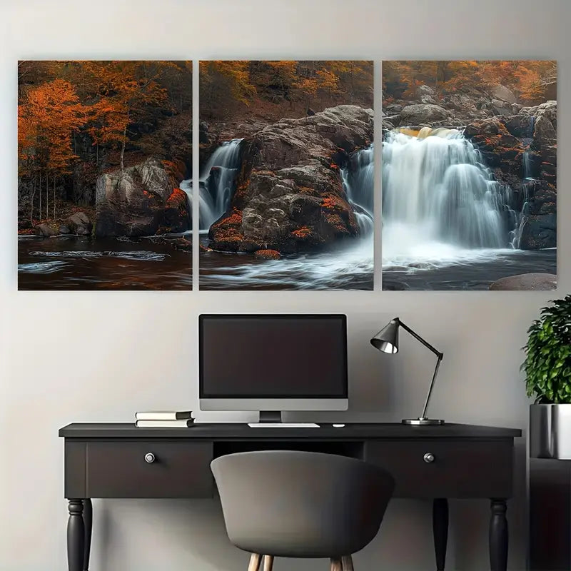 3pcs Waterfalls & Autumn Forest Scene Metal Print Ready to Hang Art