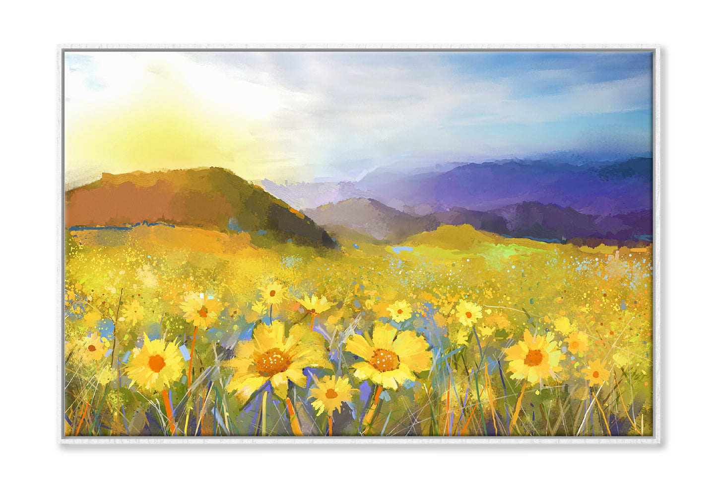 Daisy Flower Blossom, Warm Light Of The Sunset & Hill Oil Painting Limited Edition High Quality Print Canvas Box Framed White