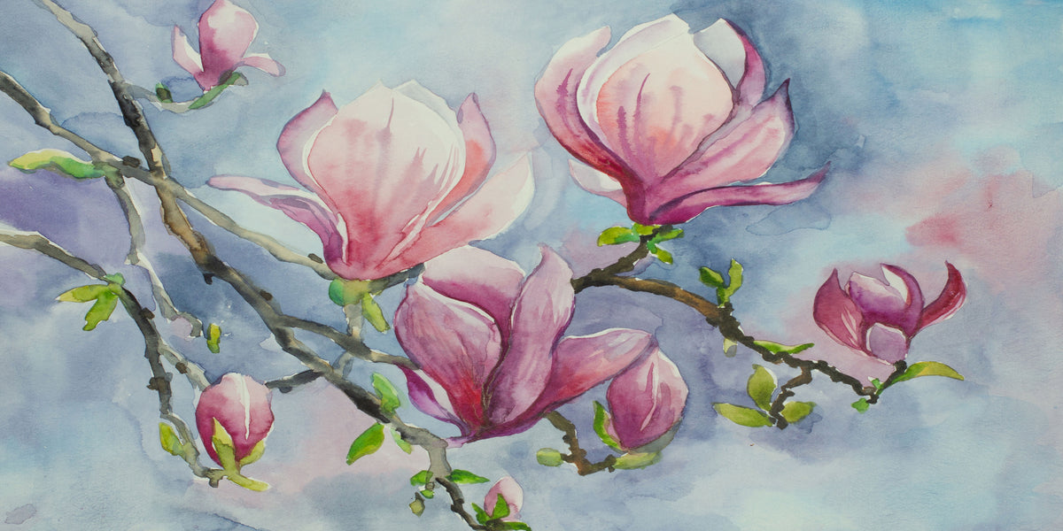 Watercolor Pink Magnolia Flower Branch Painting Wall Art Canvas Office Home Framed 120x60cm